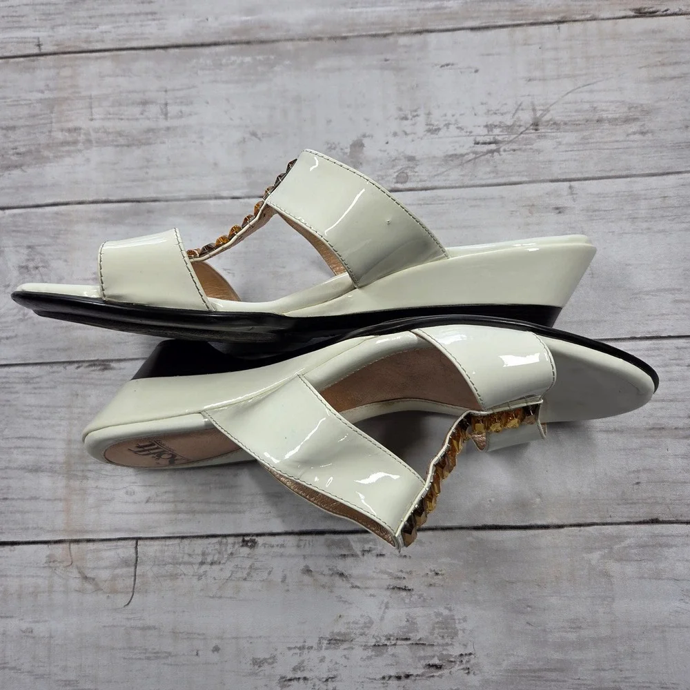 Sofft Crystal Embellished Patent Leather Wedge Sandal Women 9W Cream Jewel Slide